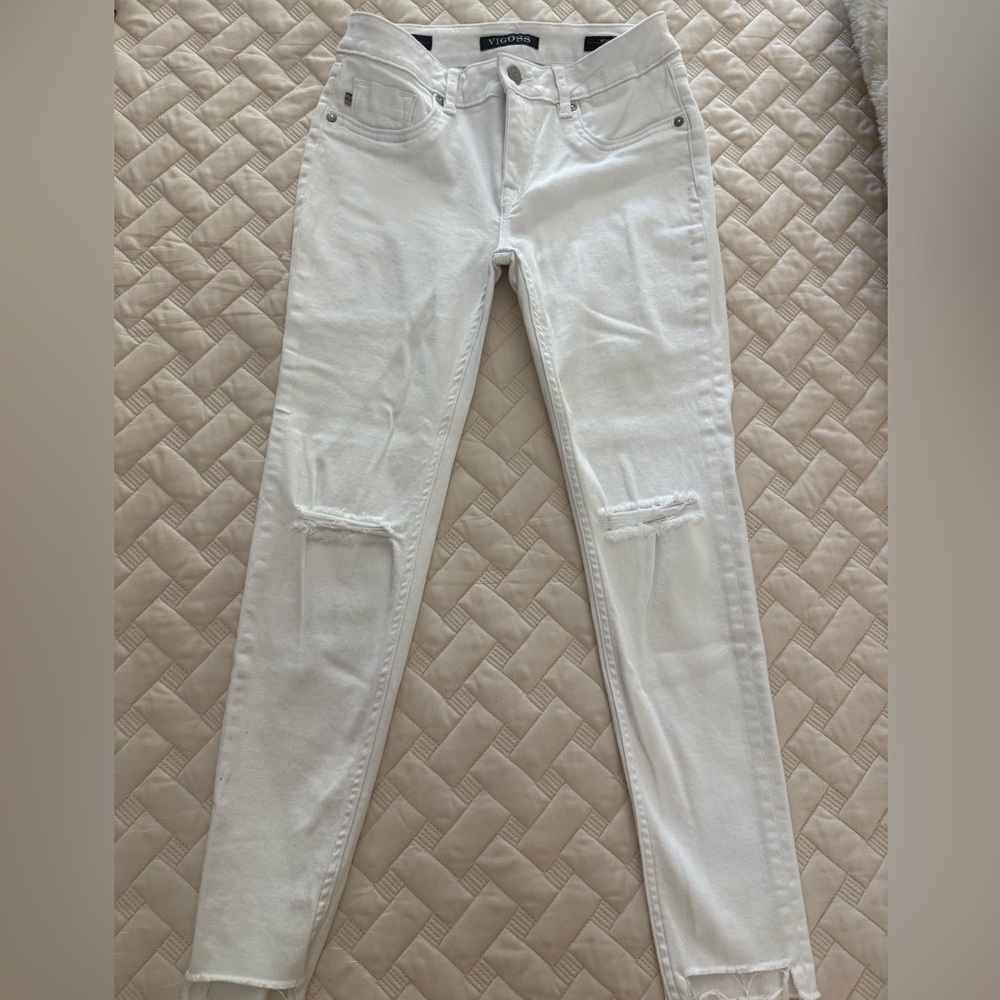Vigoss Marley White Mid Rise Stretch Distressed Skinny Jeans
